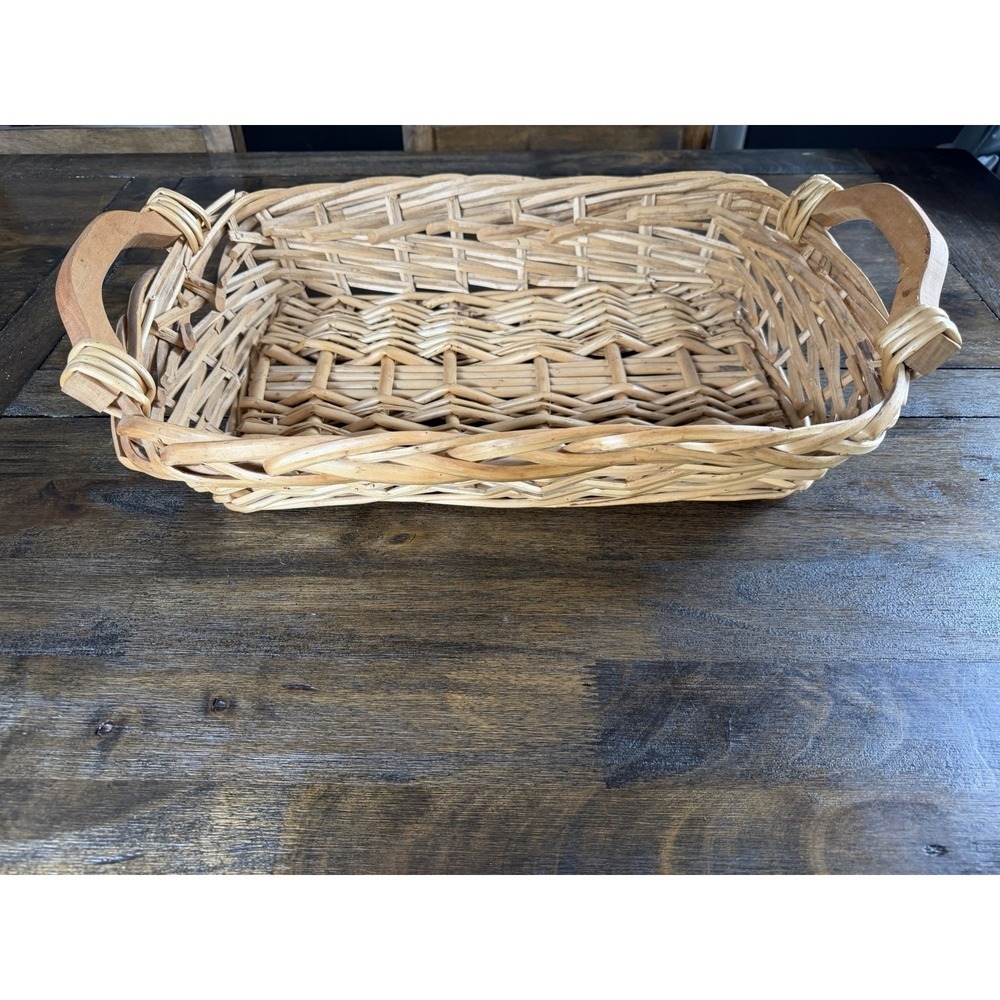 Vintage Wicker Serving Basket Tray w Handles 18" x 10" Rustic Farmhouse